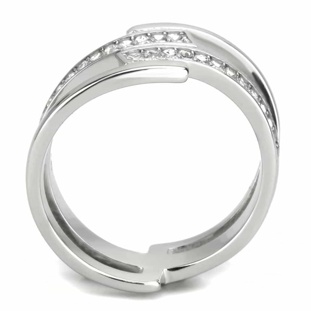 Stainless Steel Silver CZ Pave Crossover Open Wide Cocktail Ring view 6