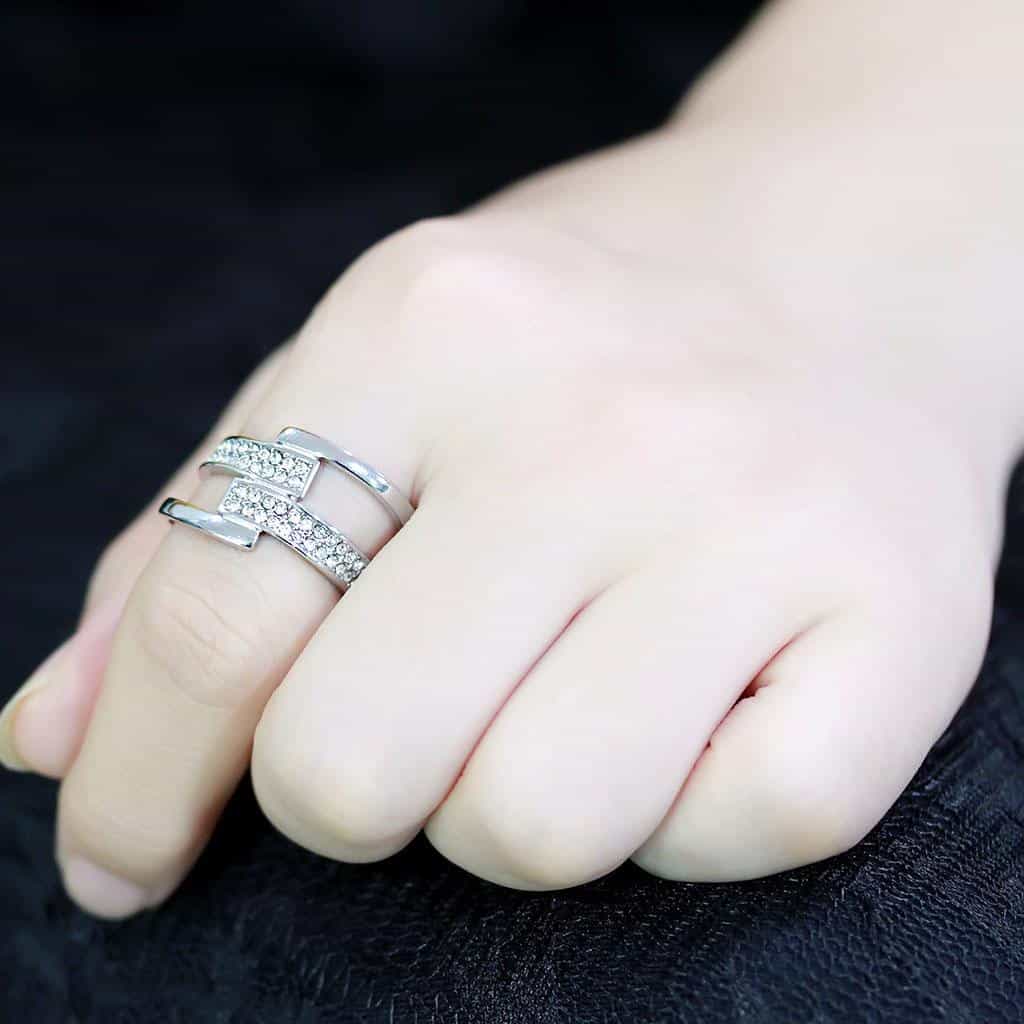 Stainless Steel Silver CZ Pave Crossover Open Wide Cocktail Ring view 10