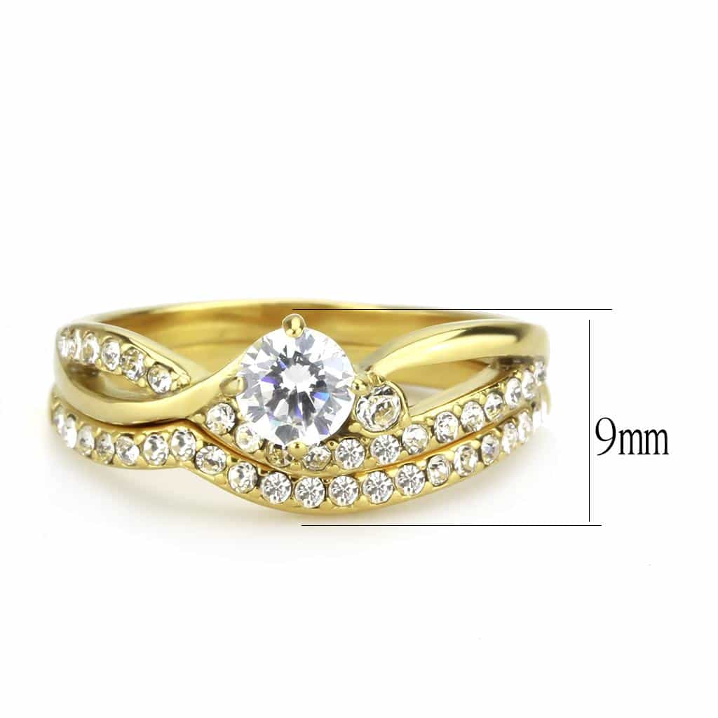 Stainless Steel Gold IP CZ Round Wave Pave Bridal Stack Ring view 4