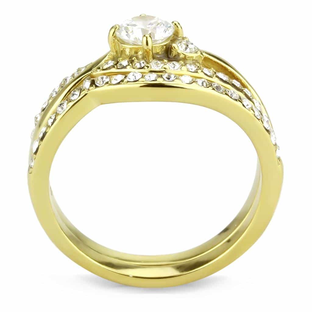 Stainless Steel Gold IP CZ Round Wave Pave Bridal Stack Ring view 6