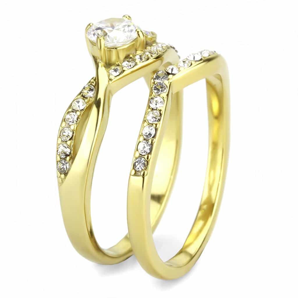 Stainless Steel Gold IP CZ Round Wave Pave Bridal Stack Ring view 8