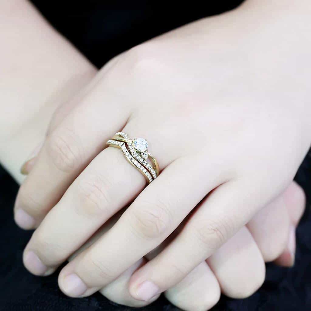Stainless Steel Gold IP CZ Round Wave Pave Bridal Stack Ring view 10