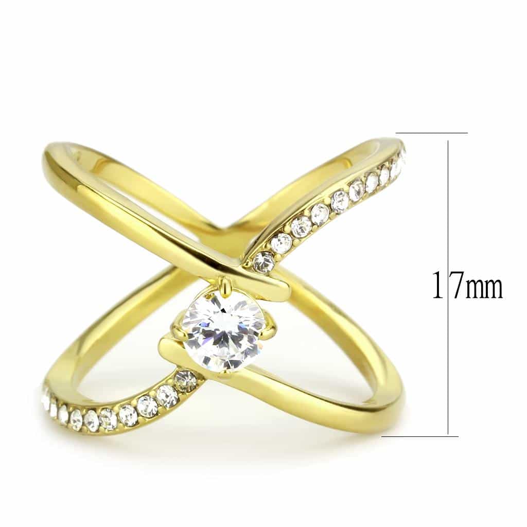 Stainless Steel Gold IP CZ Round X Crossover Solitaire Ring view 4