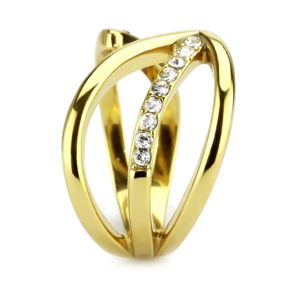 Stainless Steel Gold IP CZ Pave Open Wave Crossover Ring view 8