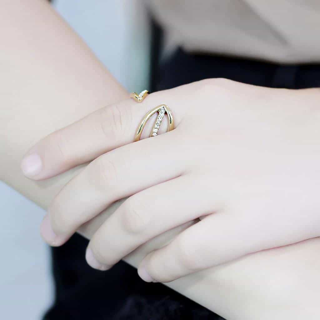 Stainless Steel Gold IP CZ Pave Open Wave Crossover Ring view 12