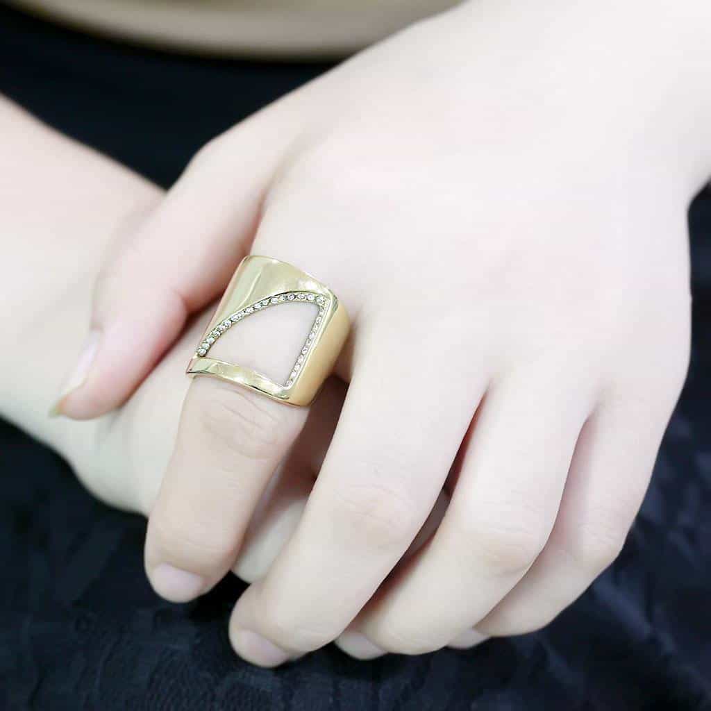 Stainless Steel Gold IP CZ V Chevron Shield Wide Band Ring view 12