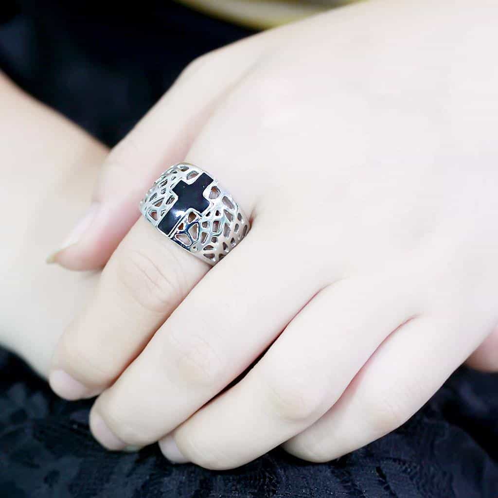Stainless Steel Black Enamel Cross Cutout Filigree Dome Ring view 10