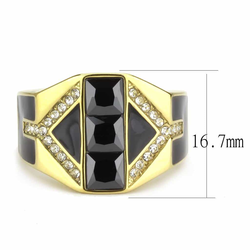Stainless Steel Gold IP Black CZ Princess Geometric Mens Ring view 4