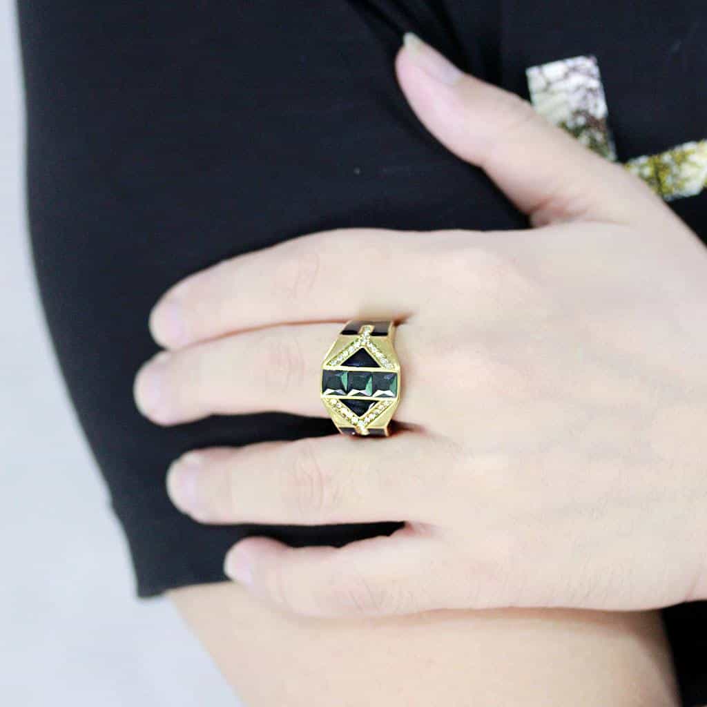 Stainless Steel Gold IP Black CZ Princess Geometric Mens Ring view 10
