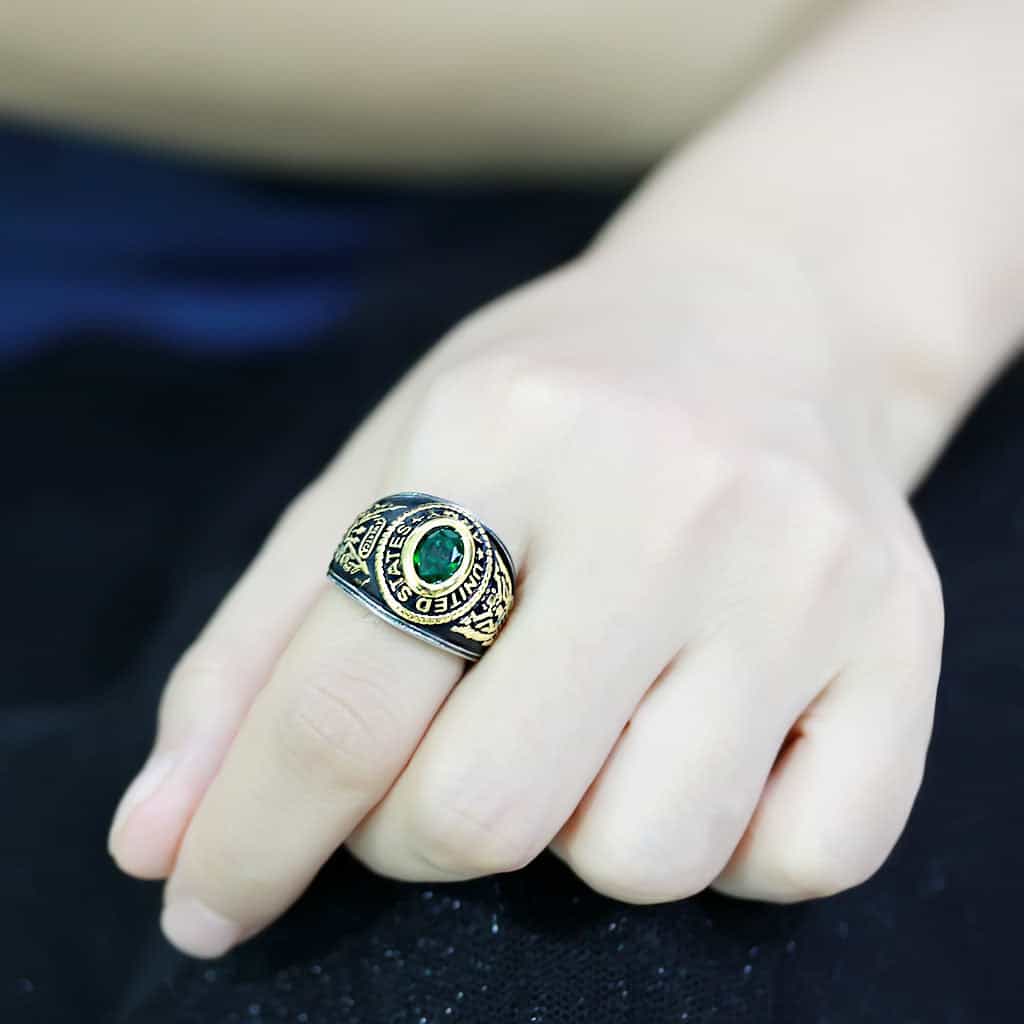 Stainless Steel US Army Green Stone Military Mens Signet Ring view 14