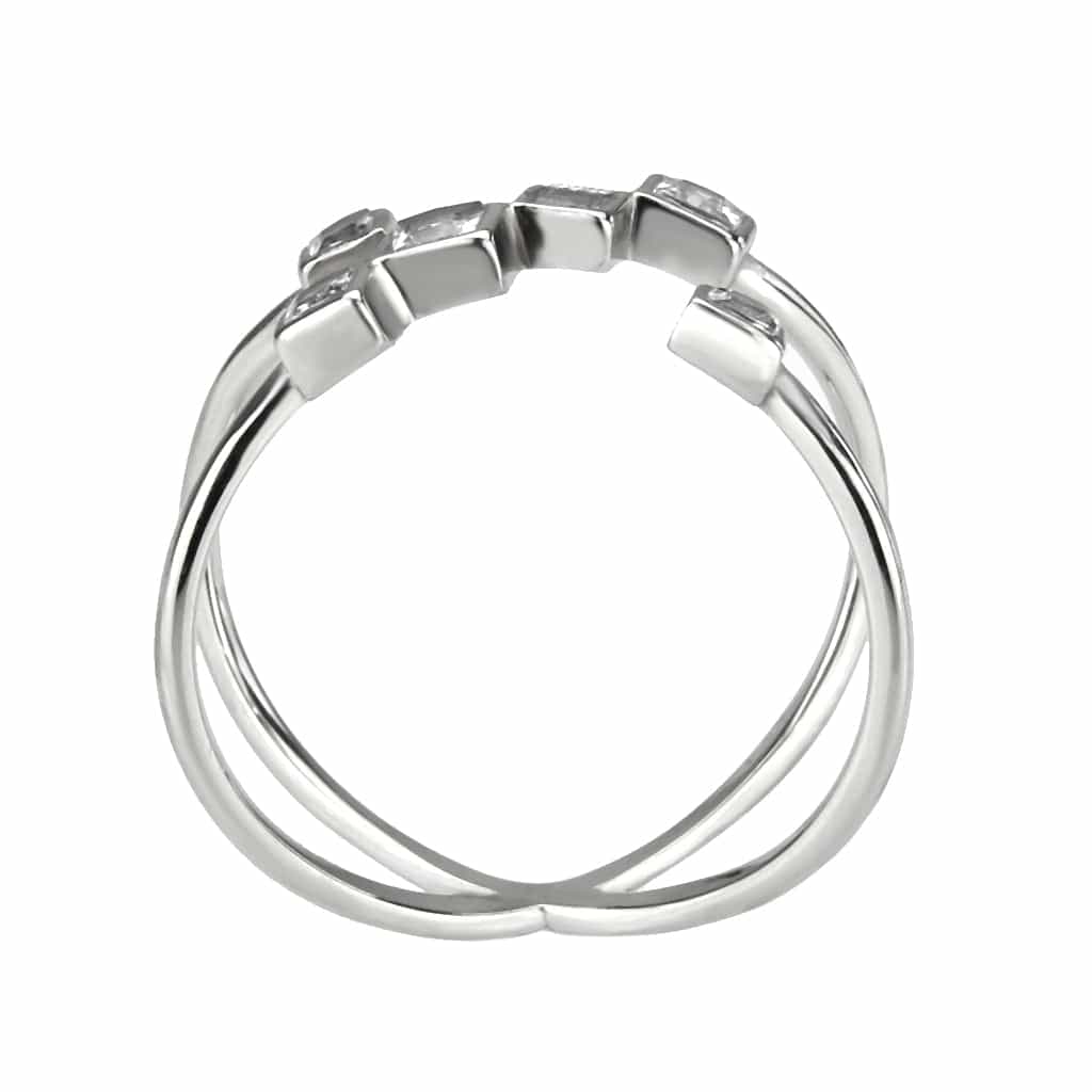 Stainless Steel Silver CZ Square X Crossover Open Ring view 6