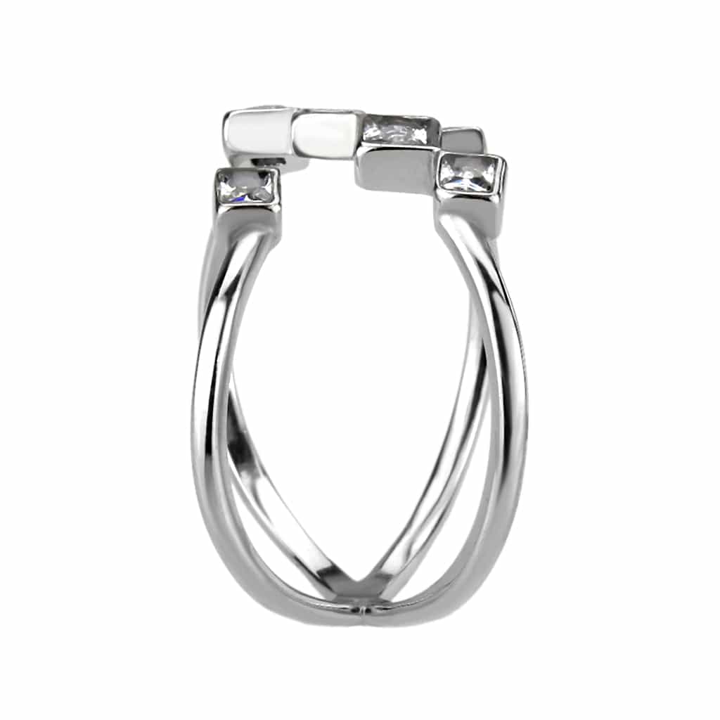 Stainless Steel Silver CZ Square X Crossover Open Ring view 8
