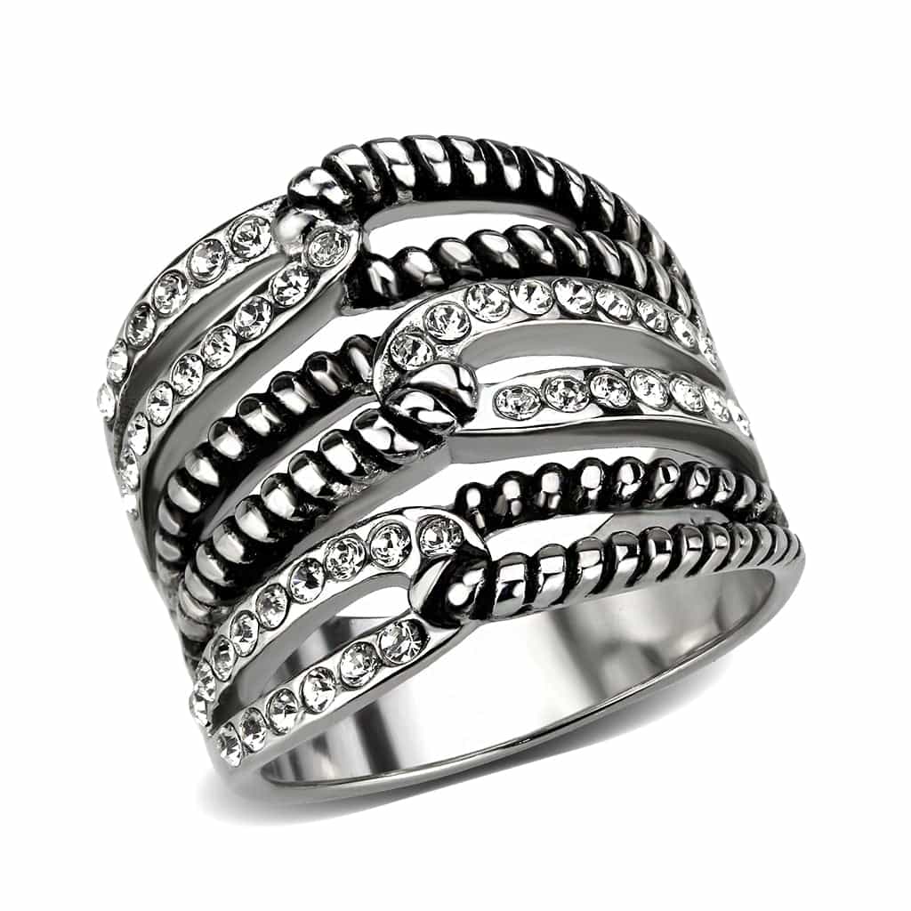 Stainless Steel Dark IP CZ Pave Rope Chain Multi Row Wide Ring view 2