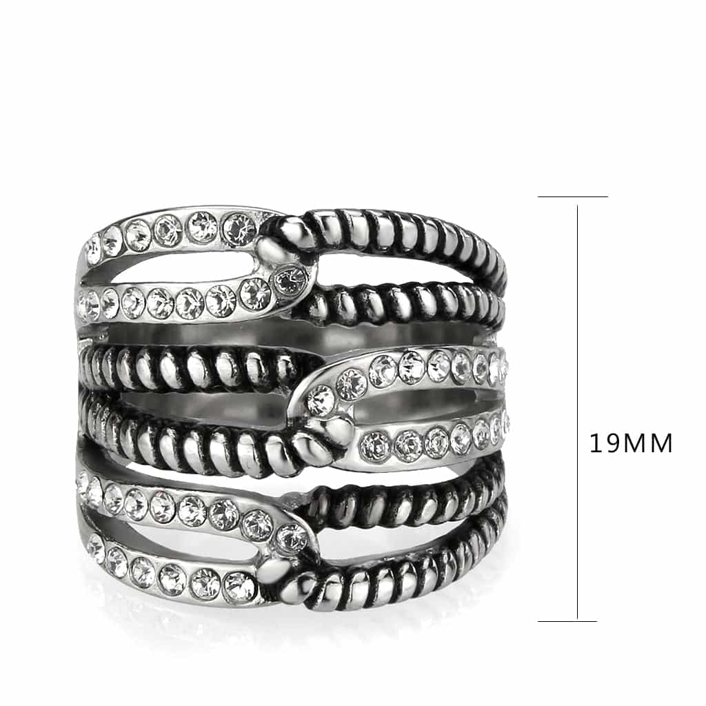 Stainless Steel Dark IP CZ Pave Rope Chain Multi Row Wide Ring view 4