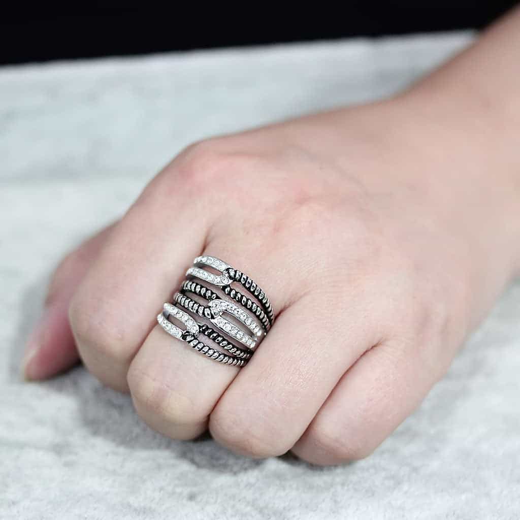 Stainless Steel Dark IP CZ Pave Rope Chain Multi Row Wide Ring view 10