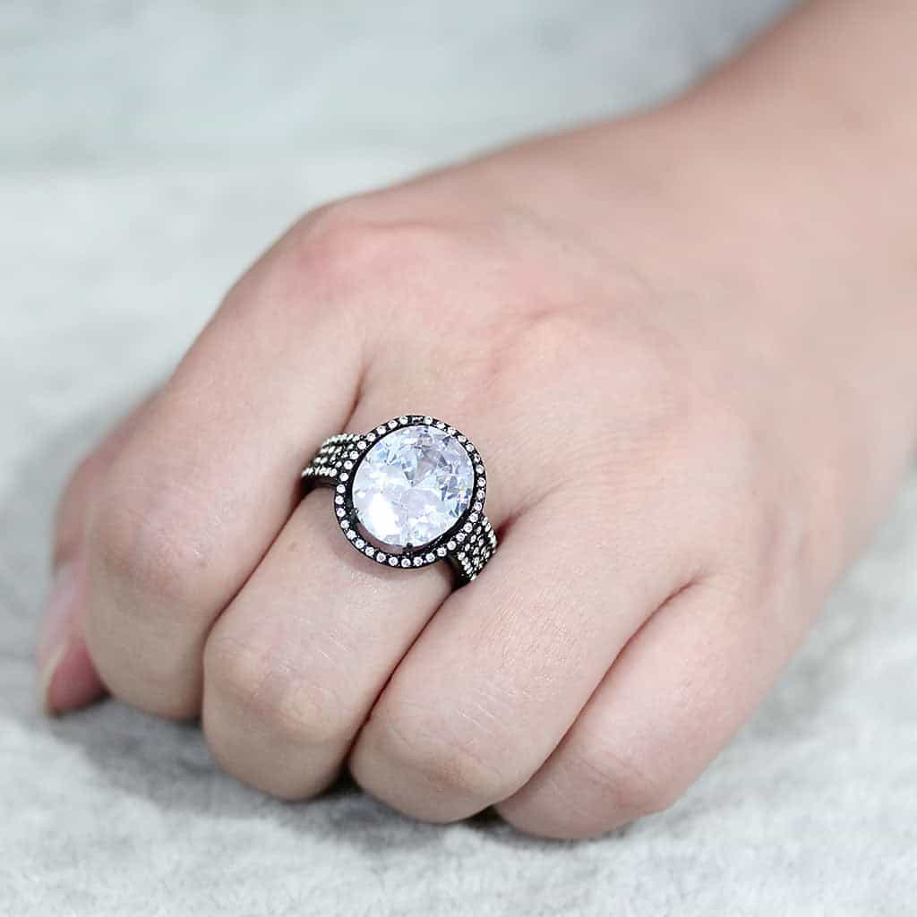 Stainless Steel Dark IP CZ Oval Pave Halo Cocktail Ring view 10