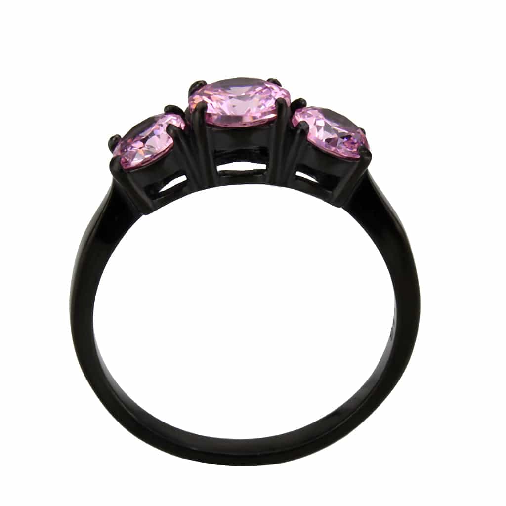 Stainless Steel Dark IP Pink CZ Round Three Stone Ring view 6