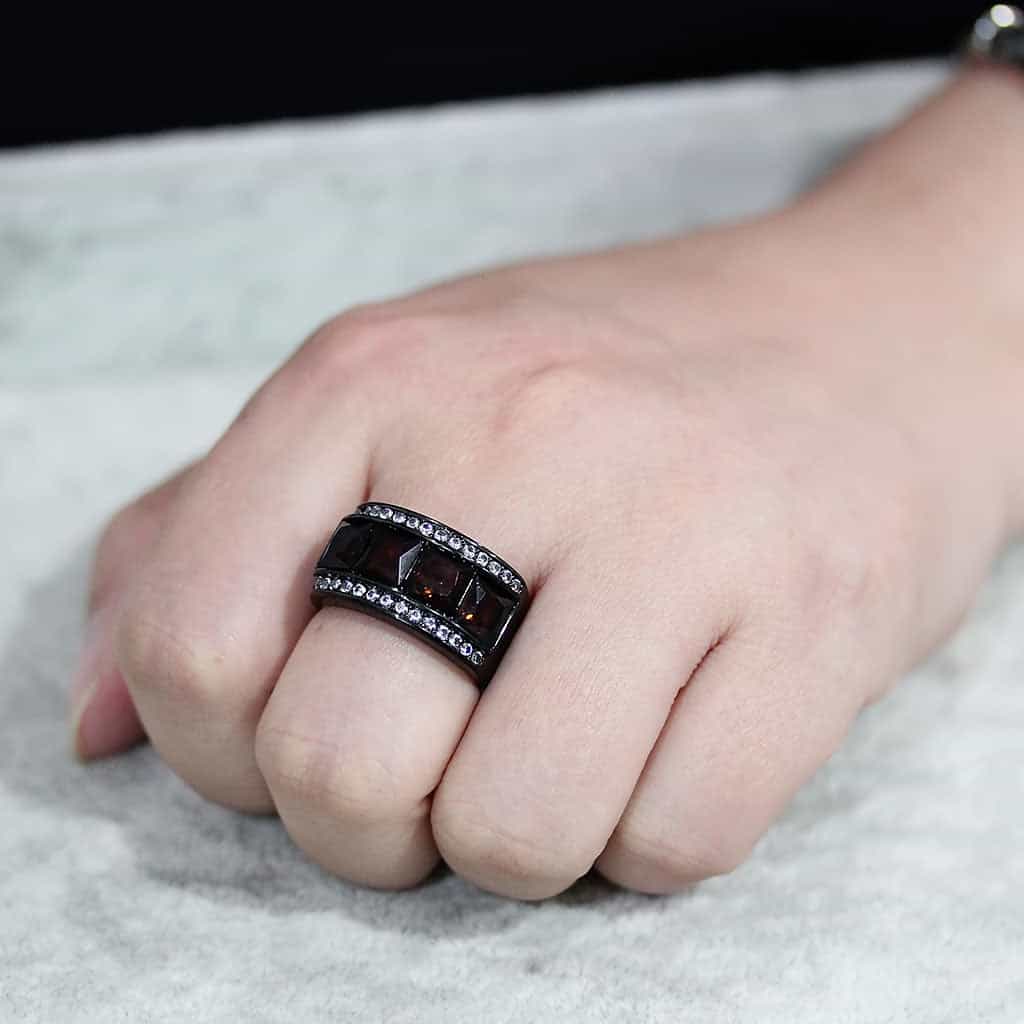 Stainless Steel Dark IP Smoky Topaz Emerald Cut Channel Wide Ring view 4
