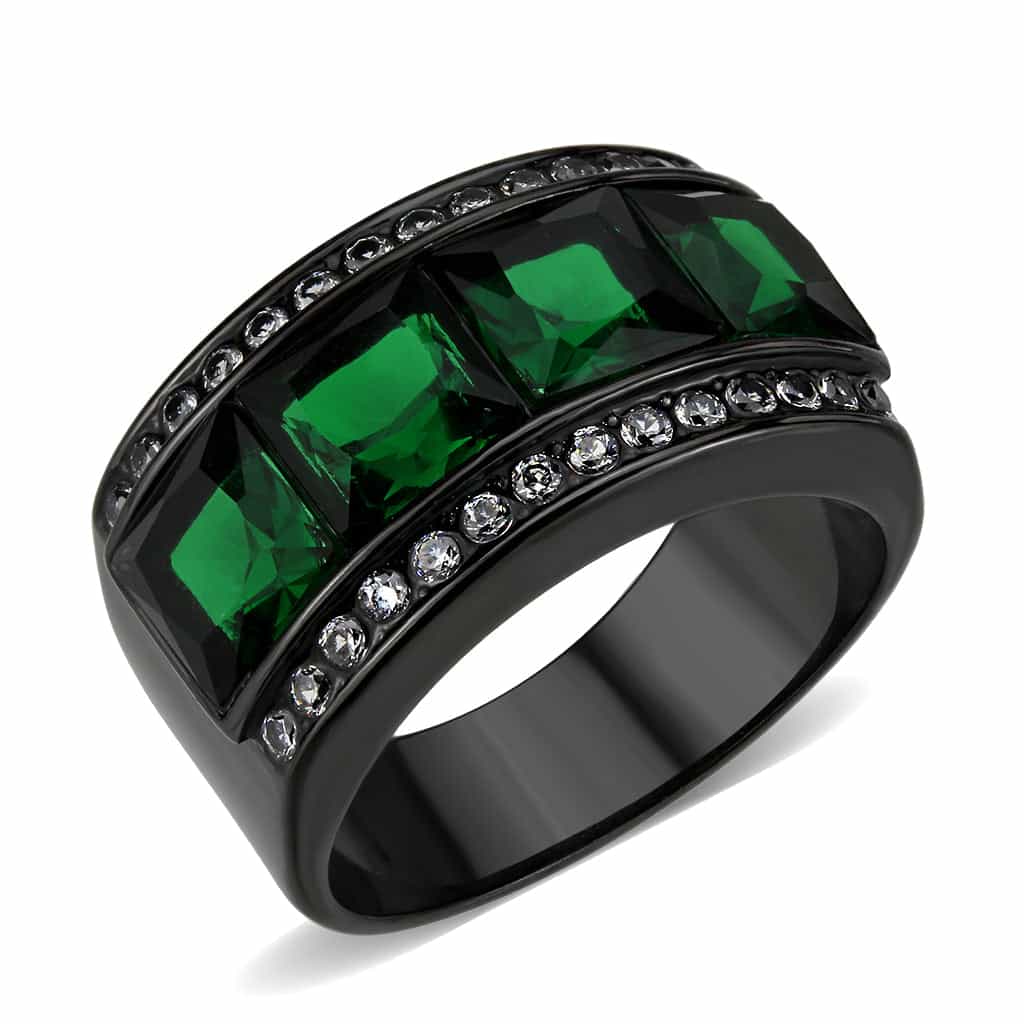 Stainless Steel Dark IP Emerald Green Crystal Princess Ring view 2