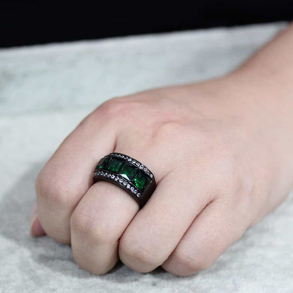 Stainless Steel Dark IP Emerald Green Crystal Princess Ring view 4