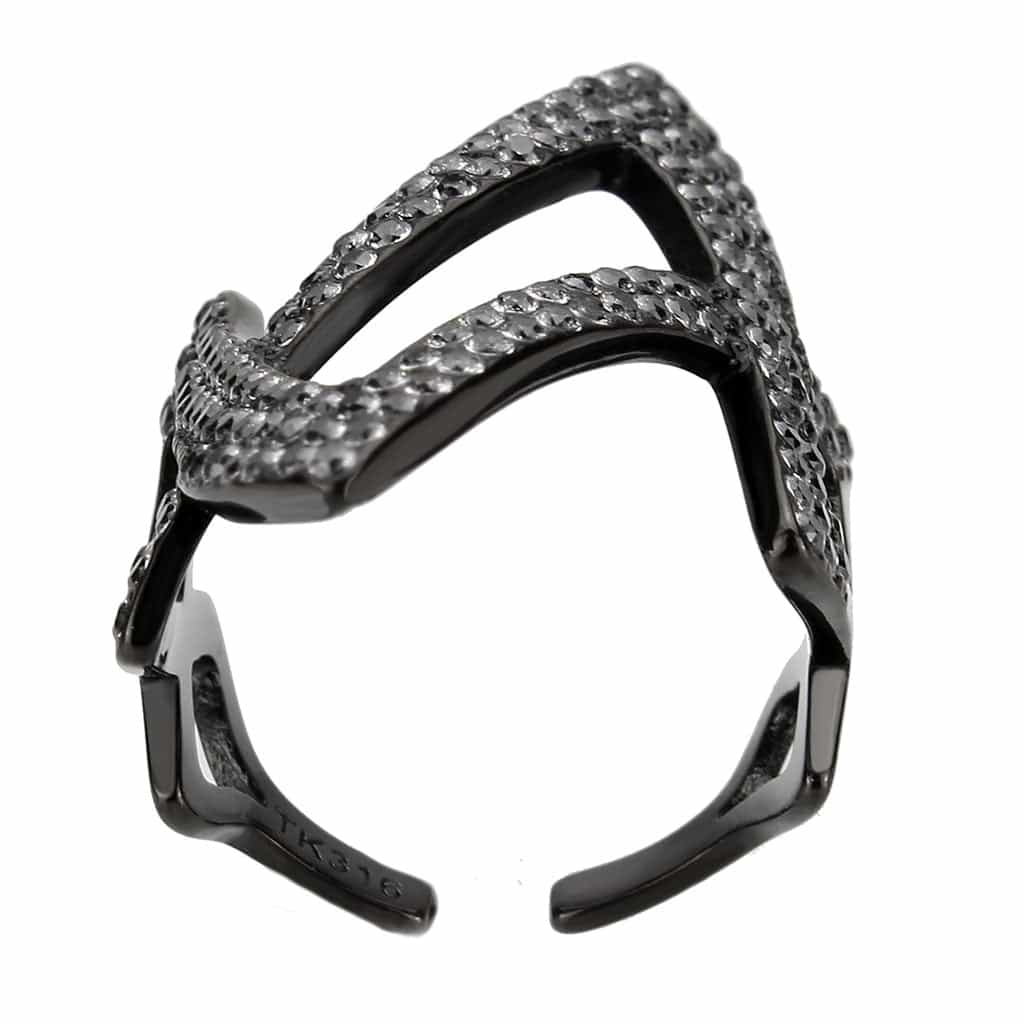 Stainless Steel Dark IP CZ Pave Double V Chevron Open Ring view 6