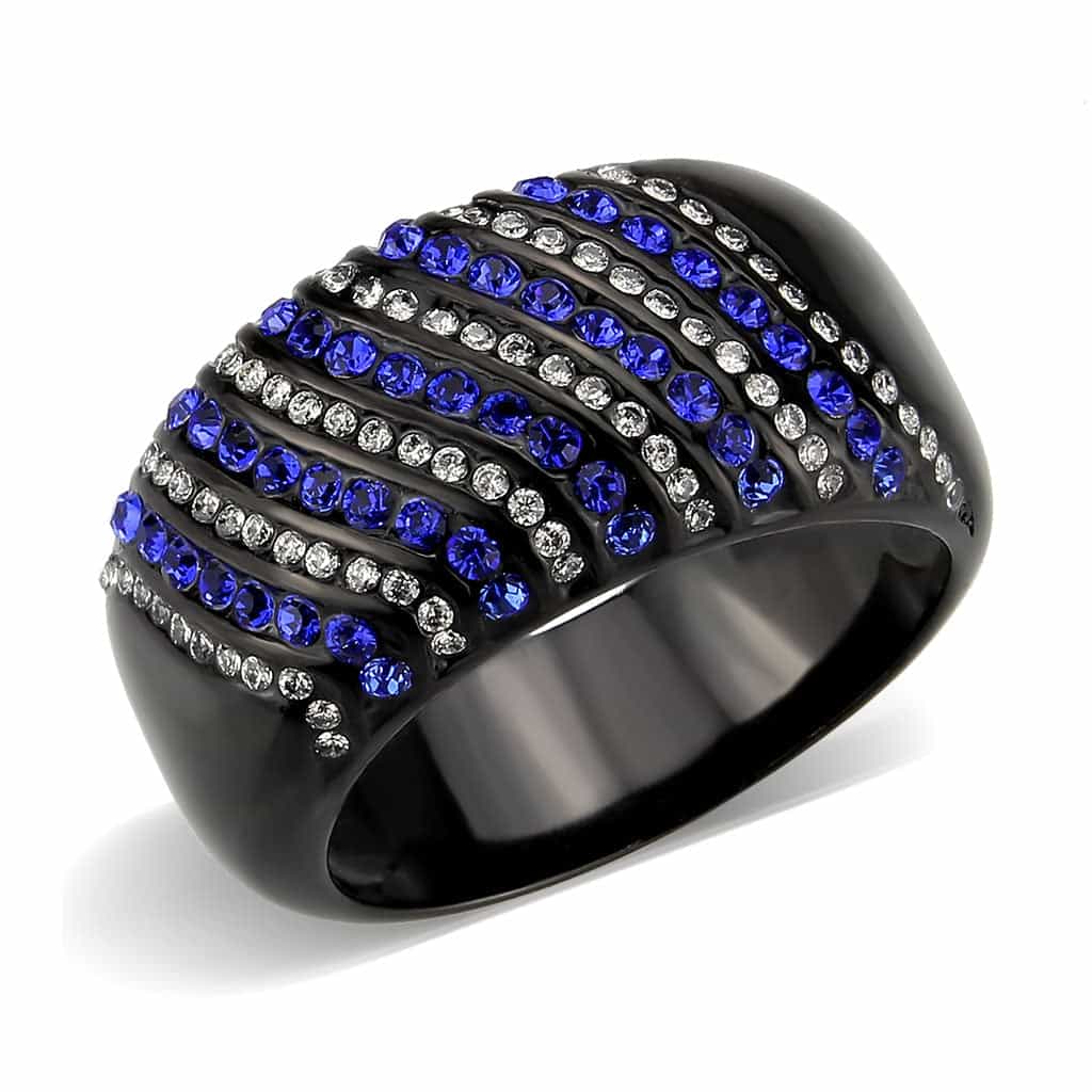 Stainless Steel Dark IP Blue Crystal Pave Stripe Wide Band Ring view 2