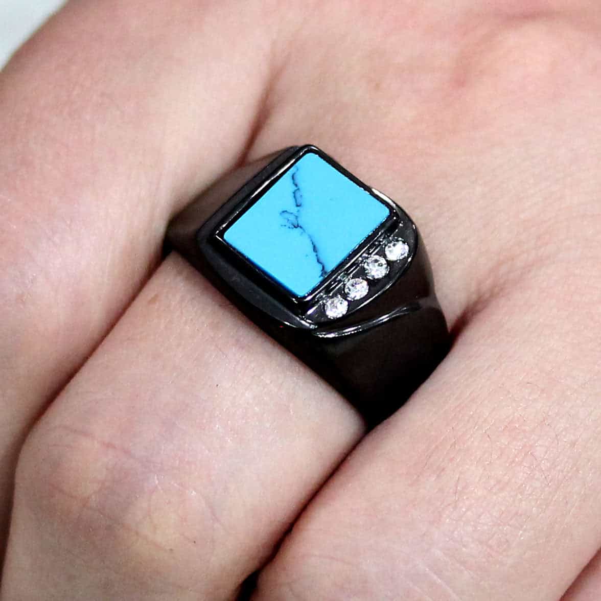 Stainless Steel Dark IP Turquoise Square Mens Signet Ring view 4