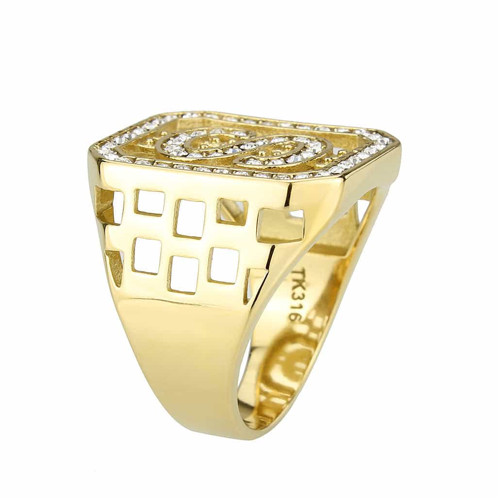 Stainless Steel Gold IP CZ Dollar Sign Pave Mens Signet Ring view 8