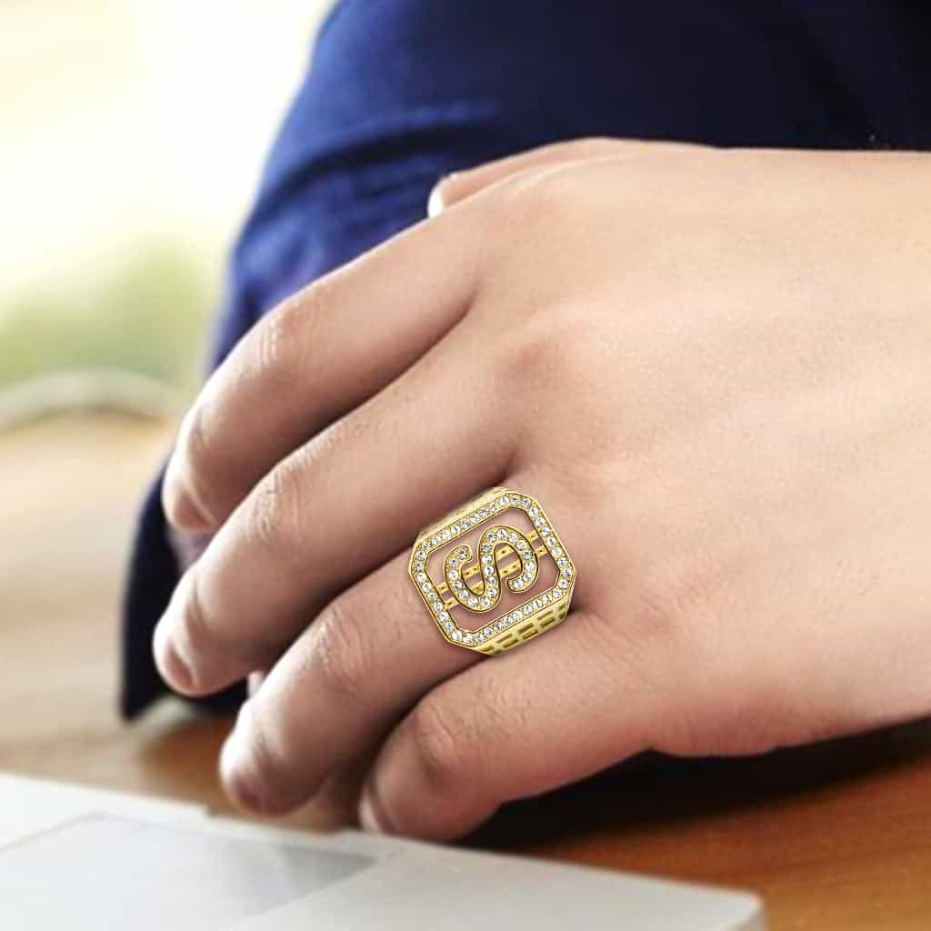 Stainless Steel Gold IP CZ Dollar Sign Pave Mens Signet Ring view 10