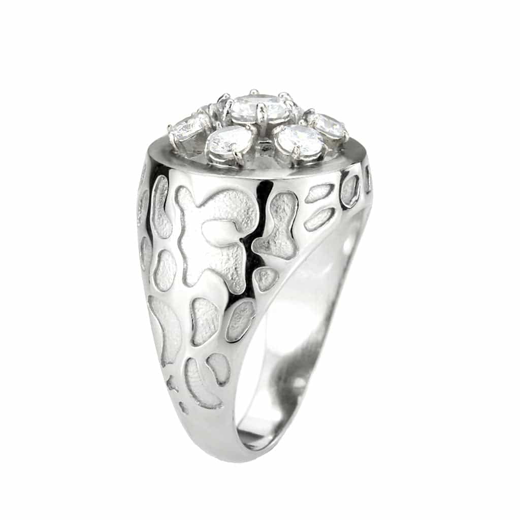 Stainless Steel Silver CZ Round Flower Cluster Filigree Mens Ring view 8