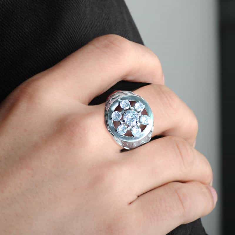 Stainless Steel Silver CZ Round Flower Cluster Filigree Mens Ring view 10