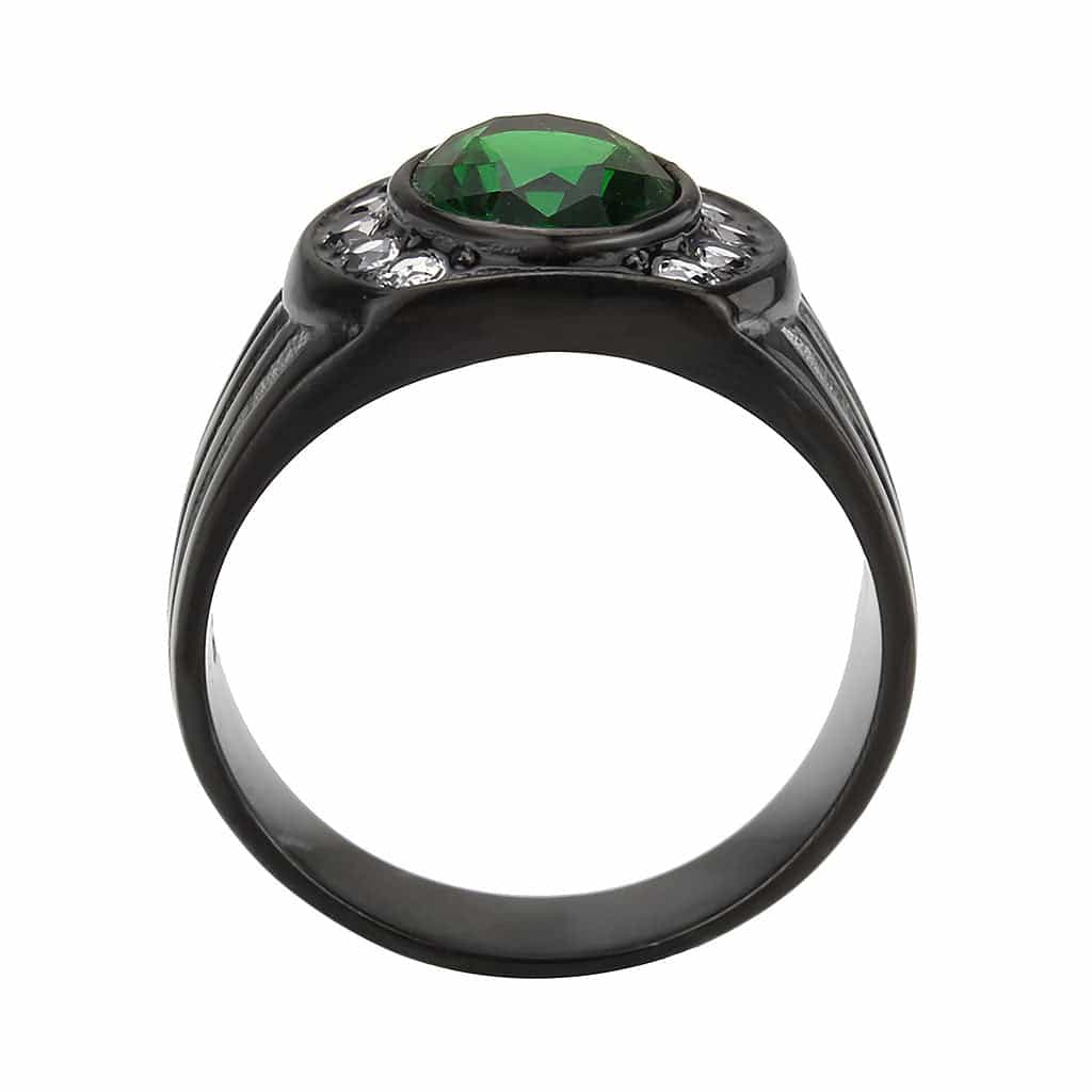 Stainless Steel Dark IP Emerald Green CZ Oval Halo Ribbed Ring view 6