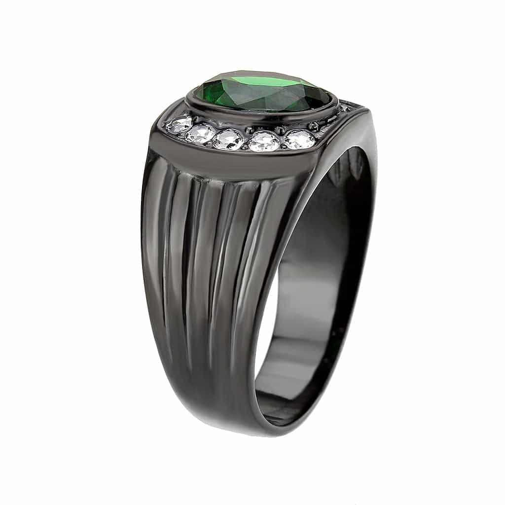 Stainless Steel Dark IP Emerald Green CZ Oval Halo Ribbed Ring view 8
