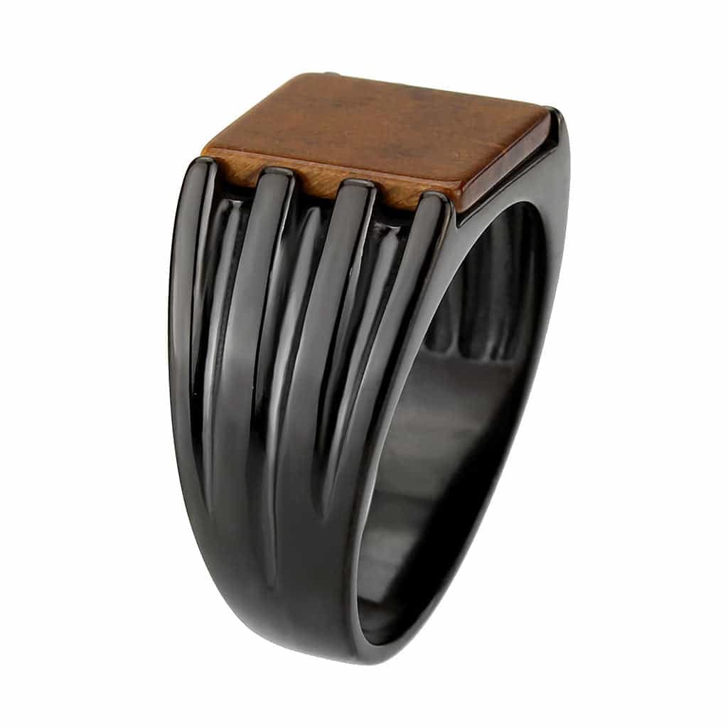 Stainless Steel Dark IP Tiger Eye Square Ribbed Mens Signet Ring view 8