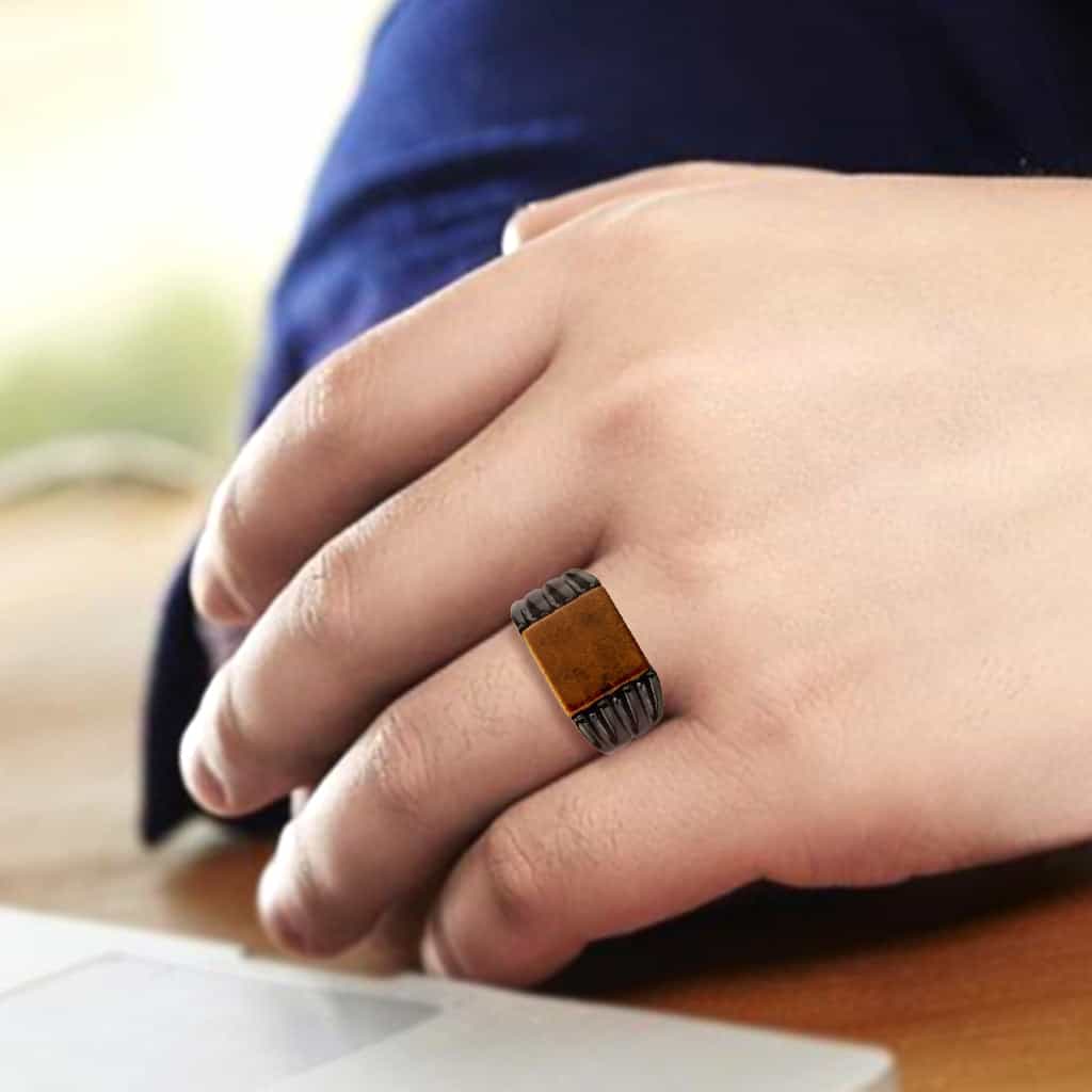 Stainless Steel Dark IP Tiger Eye Square Ribbed Mens Signet Ring view 10