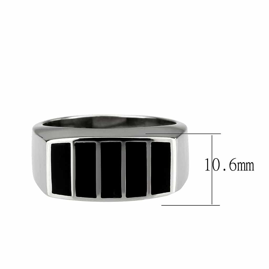 Stainless Steel Silver Black Enamel Stripe Rectangle Mens Ring view 4