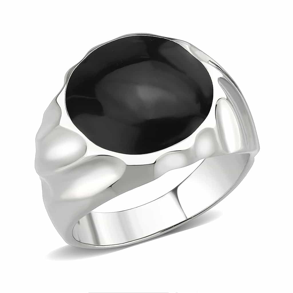 Stainless Steel Silver Black Onyx Oval Cabochon Mens Signet Ring view 2