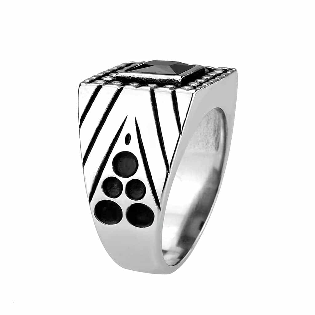 Stainless Steel Silver Black Stone Square Beaded Halo Mens Ring view 8