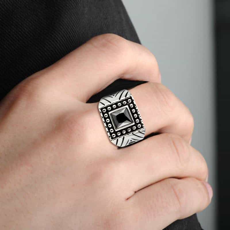 Stainless Steel Silver Black Stone Square Beaded Halo Mens Ring view 10