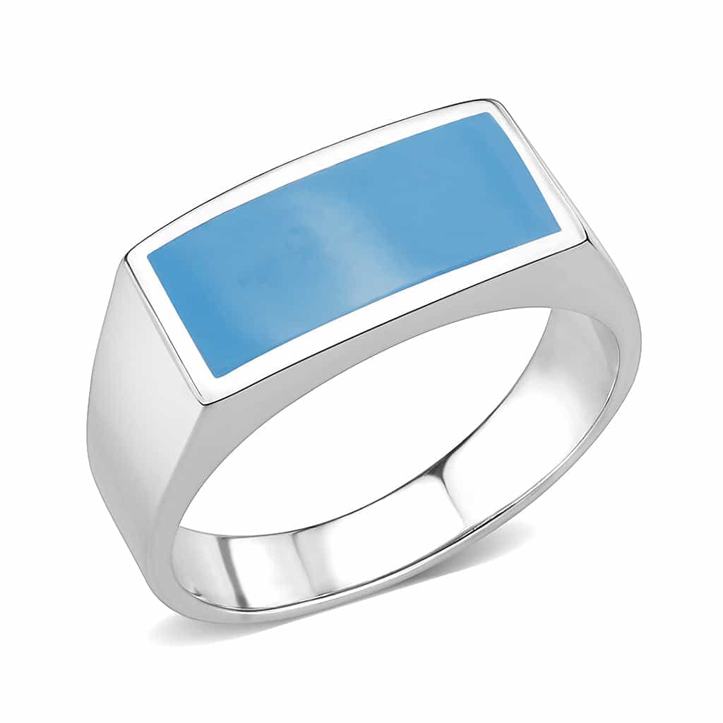 Stainless Steel Silver Turquoise Blue Enamel Rectangle Mens Ring view 2
