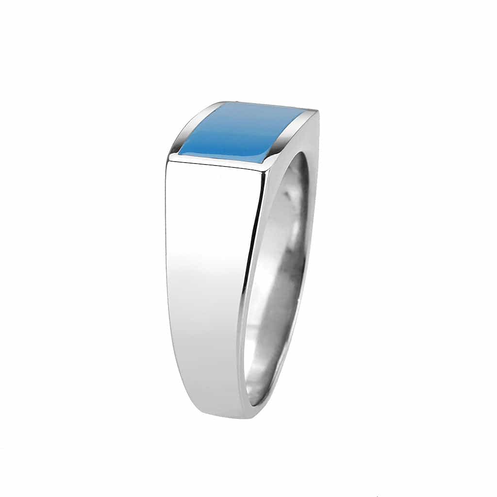 Stainless Steel Silver Turquoise Blue Enamel Rectangle Mens Ring view 8