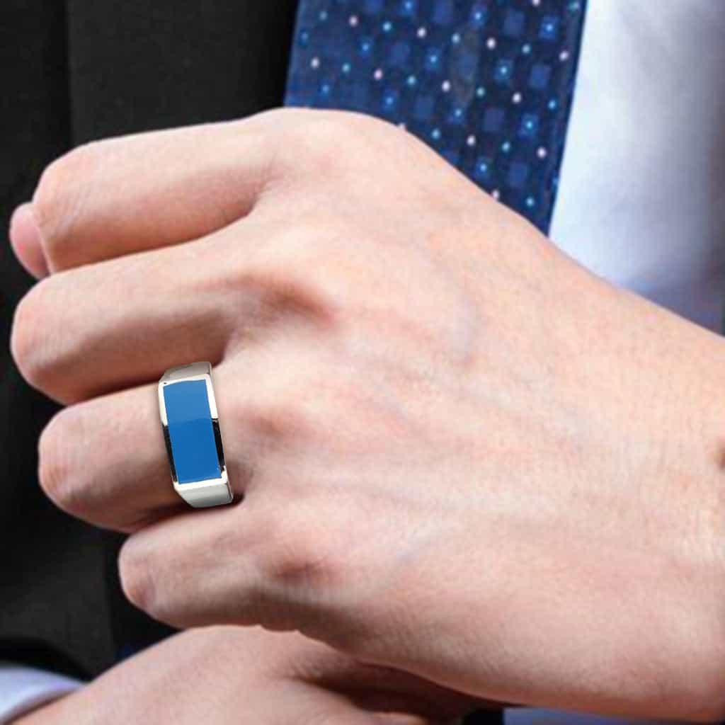 Stainless Steel Silver Turquoise Blue Enamel Rectangle Mens Ring view 10