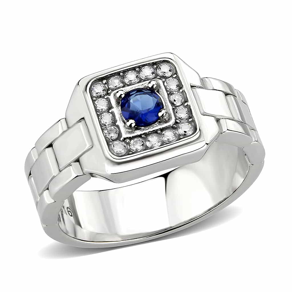 Stainless Steel Silver Blue Sapphire CZ Oval Pave Link Mens Ring view 2