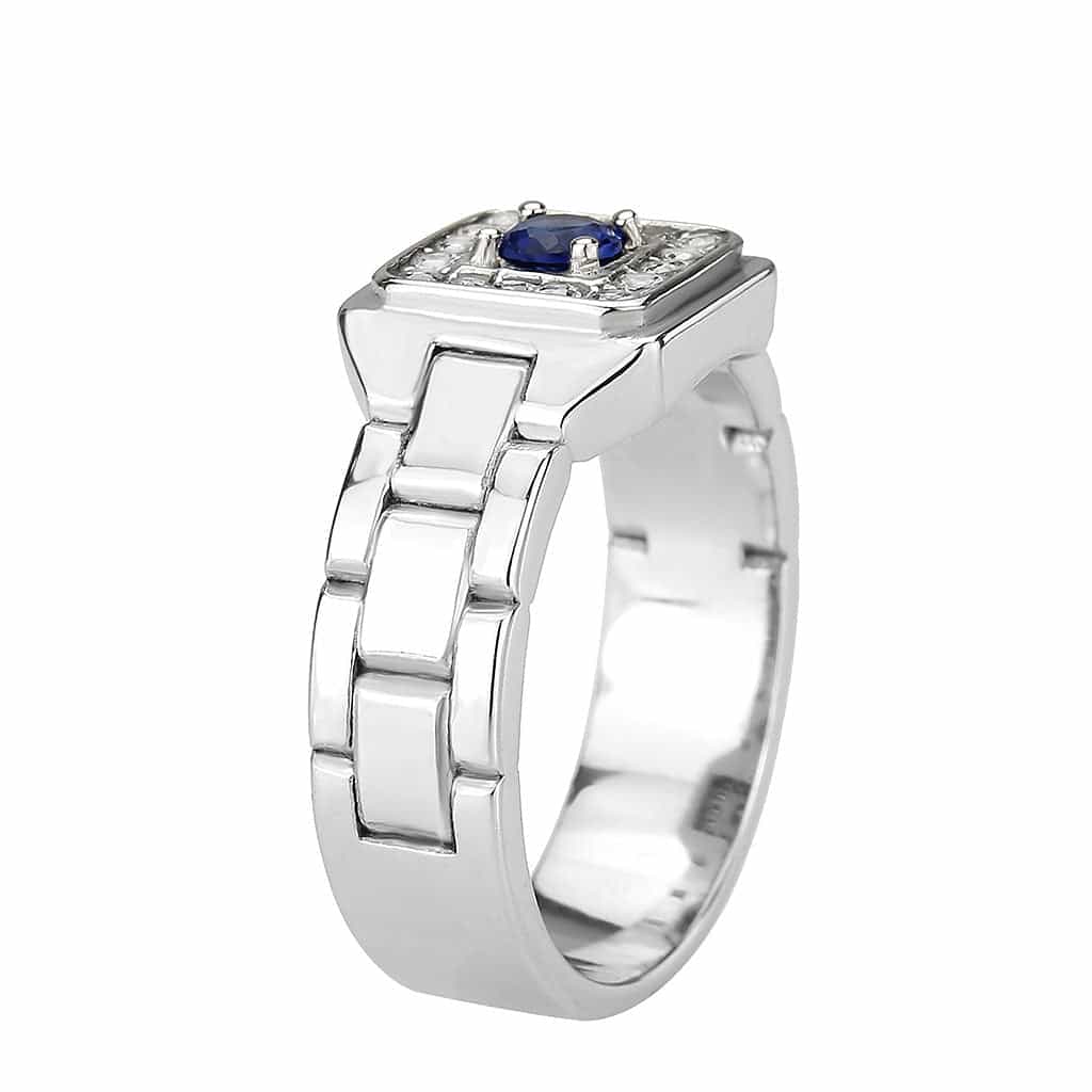 Stainless Steel Silver Blue Sapphire CZ Oval Pave Link Mens Ring view 8