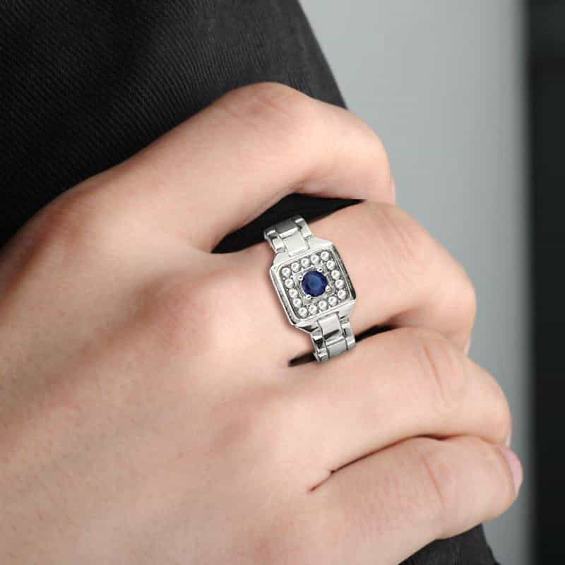 Stainless Steel Silver Blue Sapphire CZ Oval Pave Link Mens Ring view 10