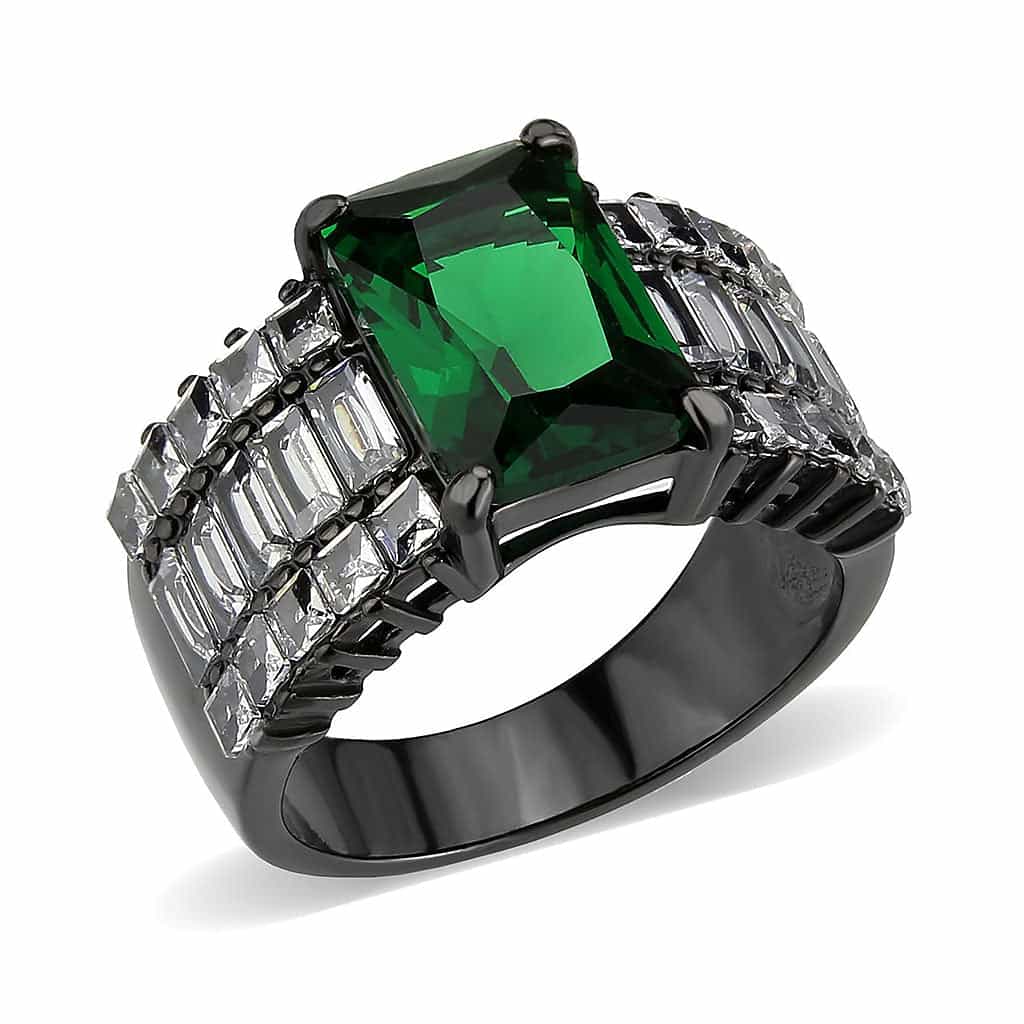 Stainless Steel Dark IP Emerald Green CZ Emerald Cut Ring view 2