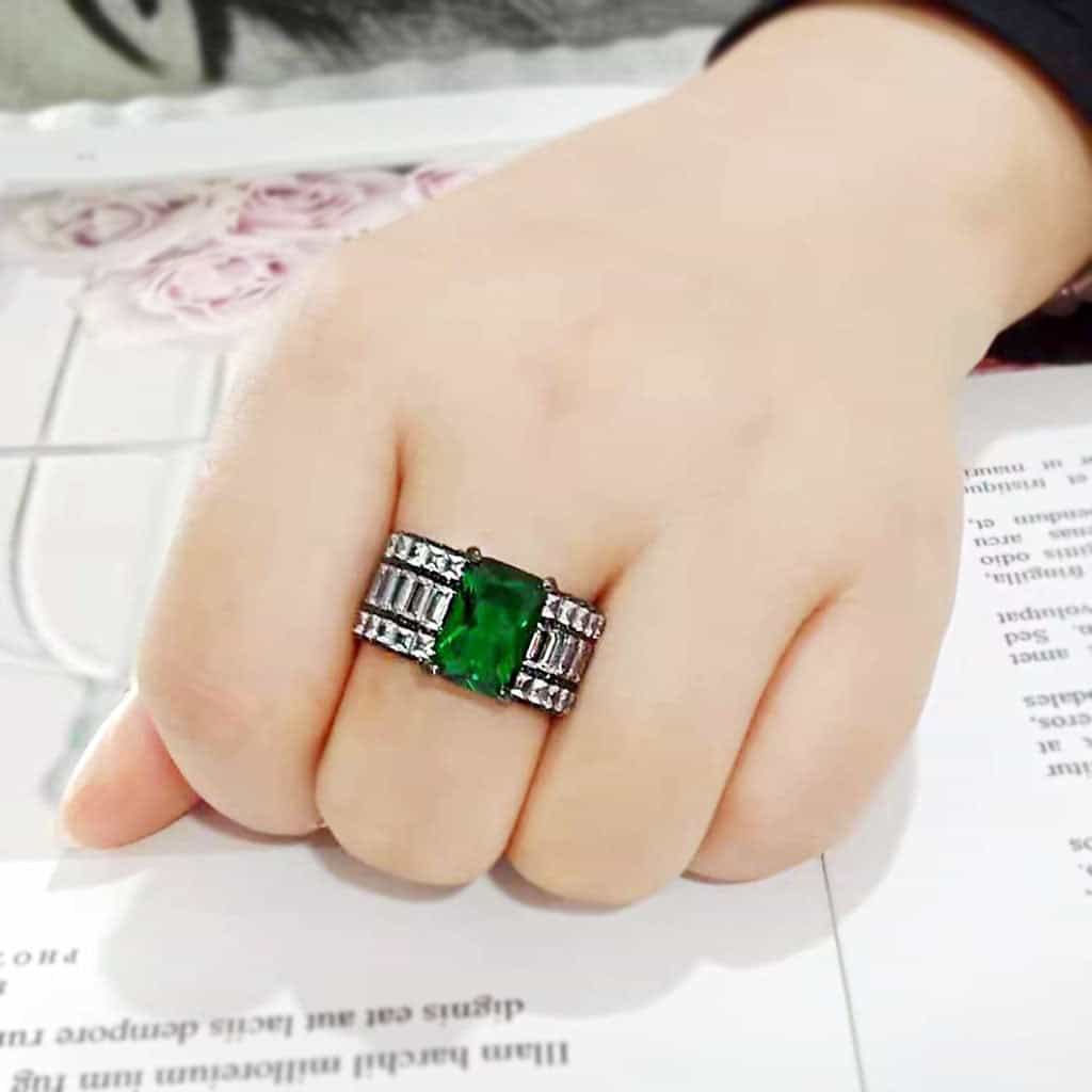 Stainless Steel Dark IP Emerald Green CZ Emerald Cut Ring view 10