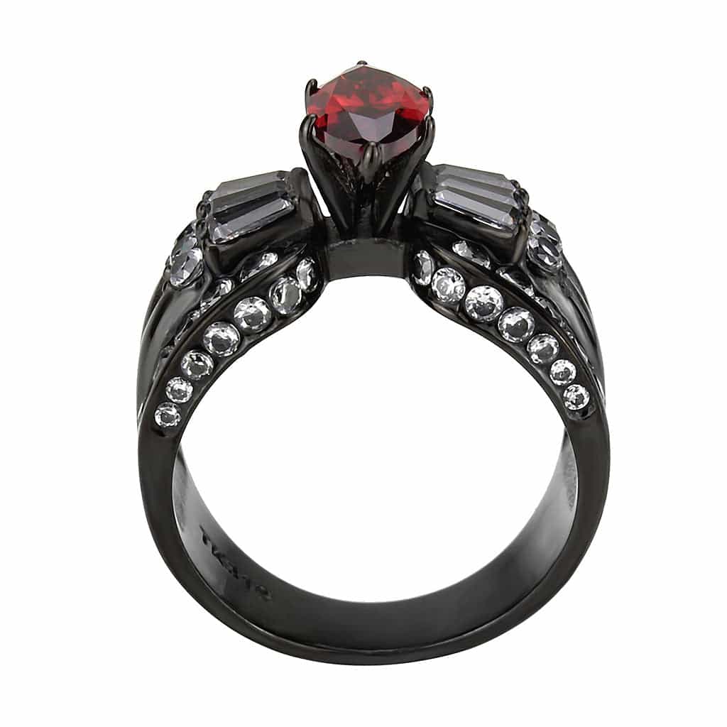 Stainless Steel Dark IP Red Garnet CZ Marquise Baguette Wide Ring view 6
