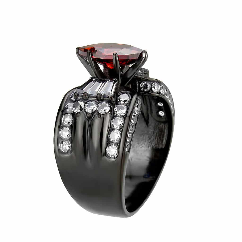 Stainless Steel Dark IP Red Garnet CZ Marquise Baguette Wide Ring view 8