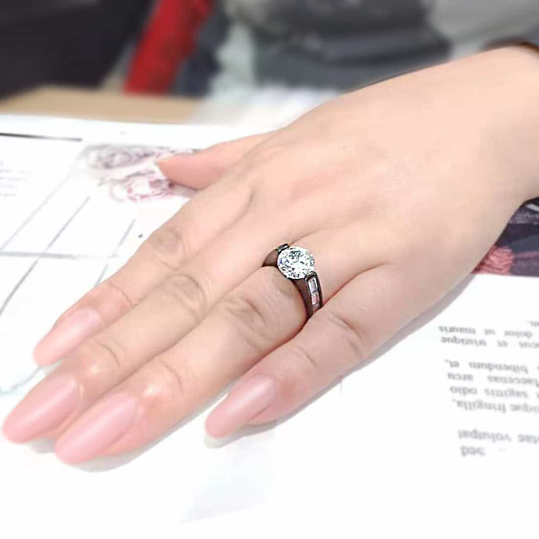Stainless Steel Dark IP CZ Oval Baguette Channel Solitaire Ring view 10